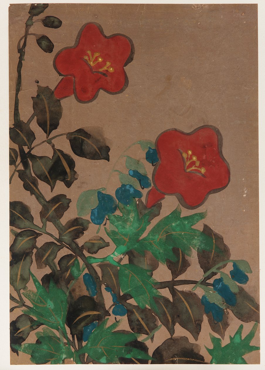 Røde og blå blomster og løv, Edo-perioden, 1615-1868. af Unbekannt