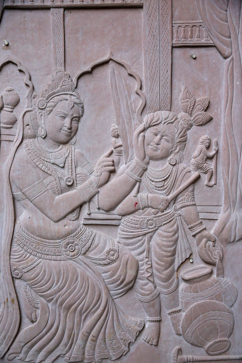 Relief, der forestiller den hinduistiske gud Krishna med sin stedmor Yashodha. Indien af Unbekannt