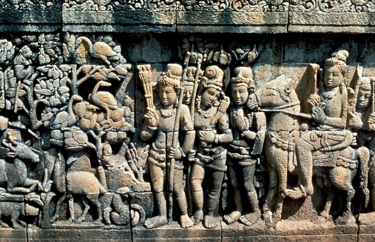 Relief, der viser scene fra en sutra, Barabudur, Java, c750-850 af Unbekannt