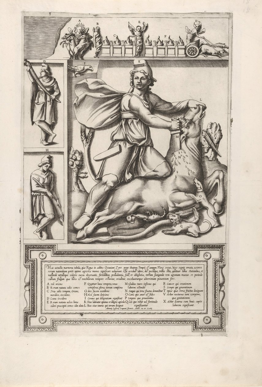 Relief med Mithras, der knæler på en tyr og slår et sværd ind i dens skulder, til venstre tw..., 1564. af Unbekannt