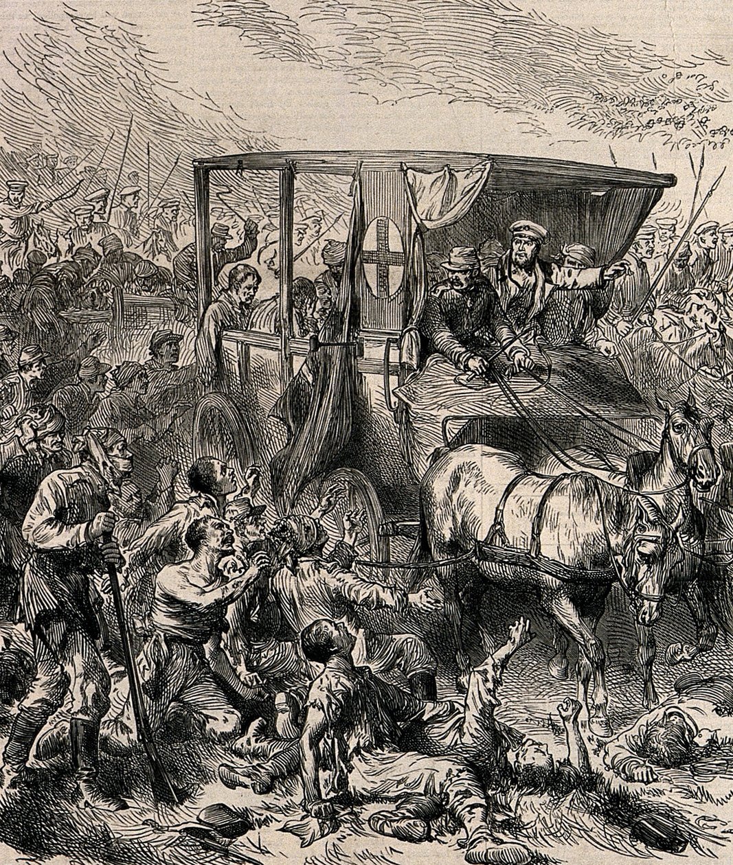 Redning af de sårede russiske soldater fra slagmarken, ca 1878 af Unbekannt