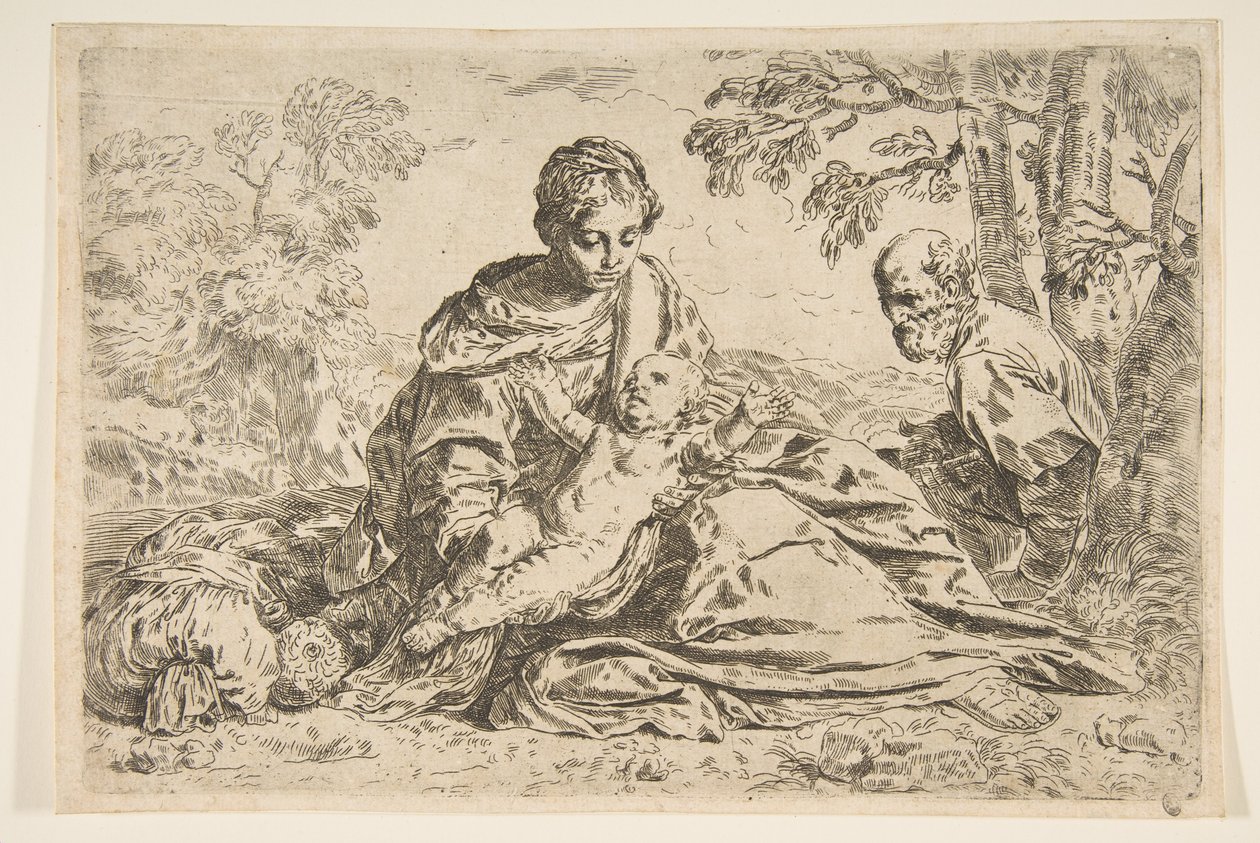 Hvil på flugten til Egypten, Maria holder spædbarnet Kristus med St. Joseph ..., ca.1640 eller senere. af Unbekannt