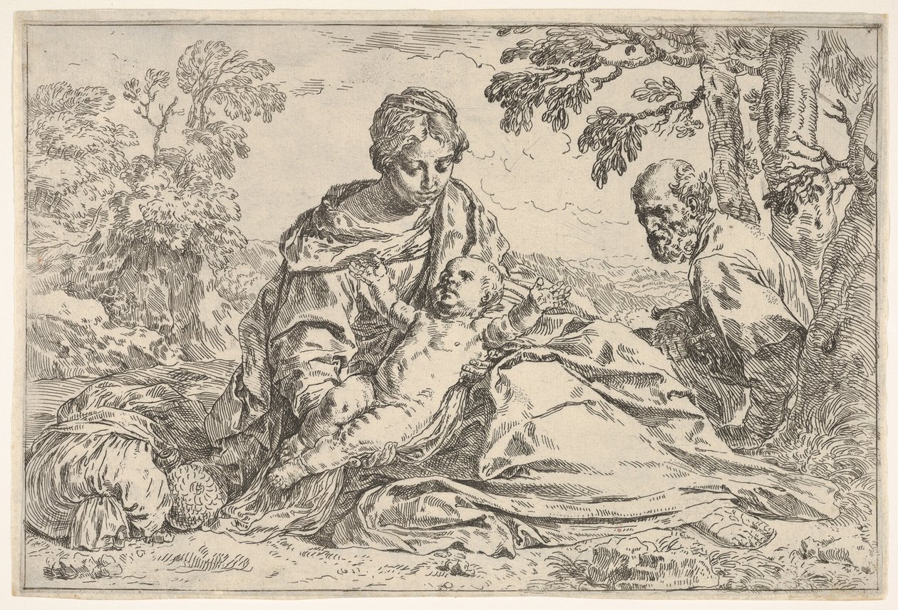 Hvil på flugten ind i Egypten, Maria holder spædbarnet Kristus sammen med St. Joseph..., ca. 1640 eller senere. af Unbekannt