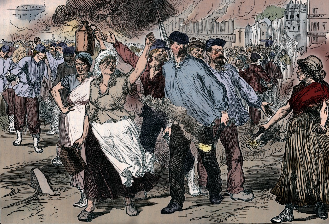 Oprørere og petroleuses, der affyrer offentlige bygninger i Paris under Pariserkommunen, 1871 1906 af Unbekannt
