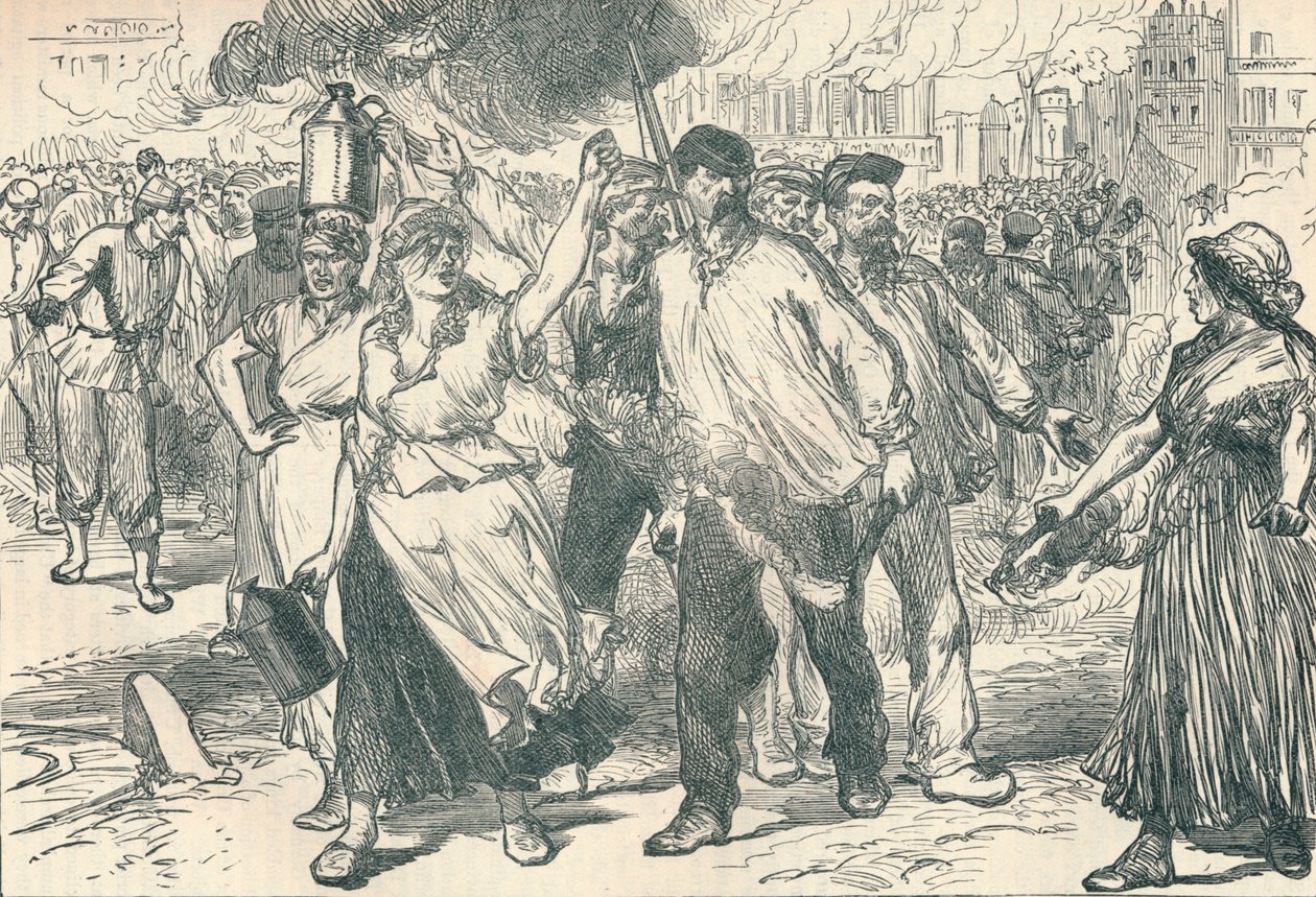 Oprørere og petroleuses, der affyrer offentlige bygninger i Paris under Pariserkommunen, 1871 1906 af Unbekannt