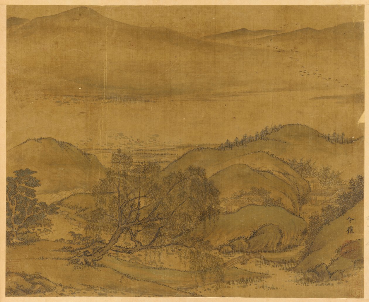 Flodlandskab: en pil og andre træer, bølgende bakker..., Yuan- eller Ming-dynastiet, 1279-1644. af Unbekannt