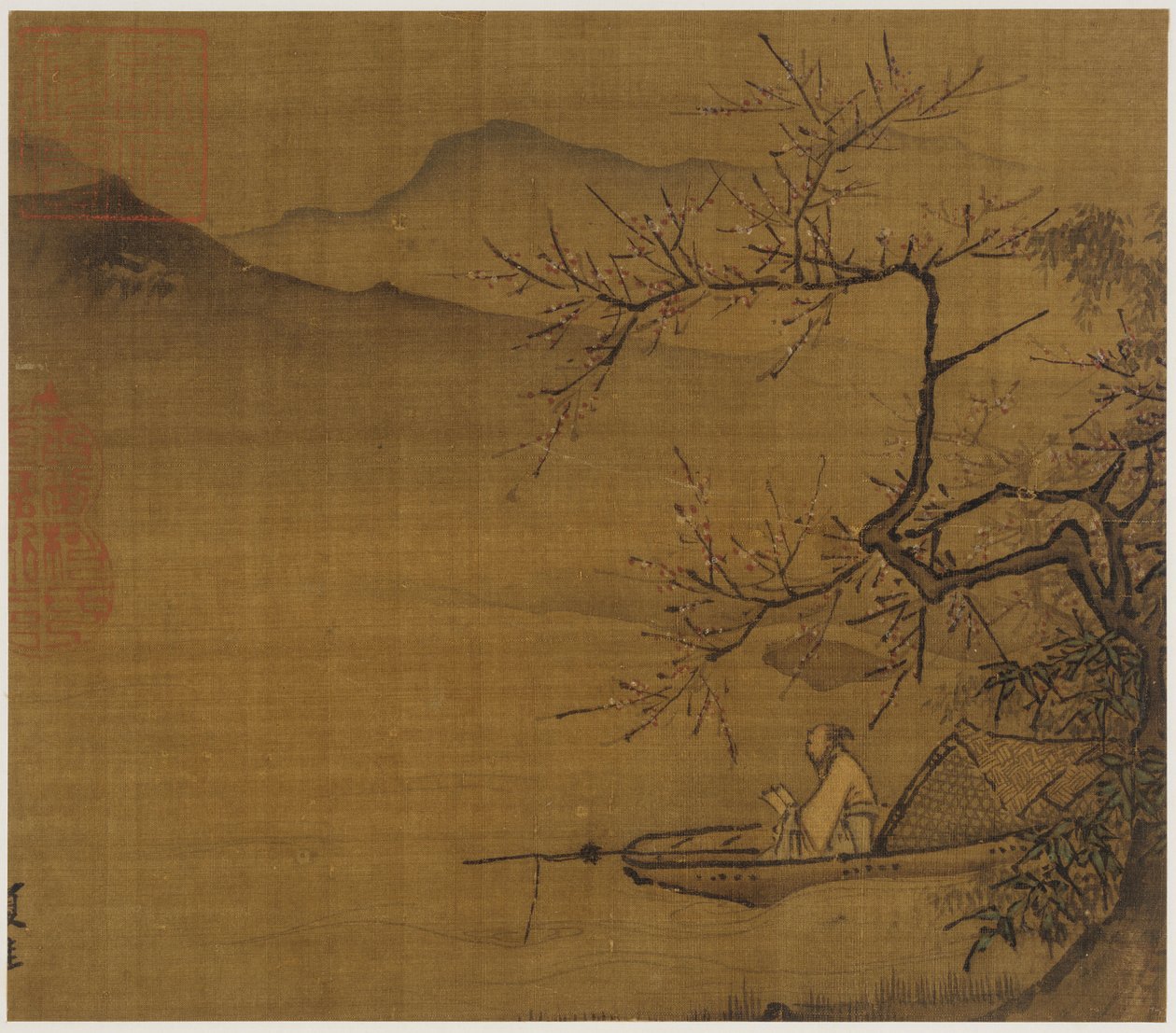 Flodlandskab: en mand, der læser i en båd fortøjet under et blomstrende træ, Ming-dynastiet, 1368-1644. af Unbekannt