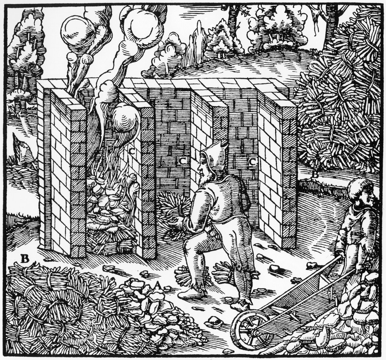 Ristning af kobbermalm i en ovn ved C, 1556 af Unbekannt