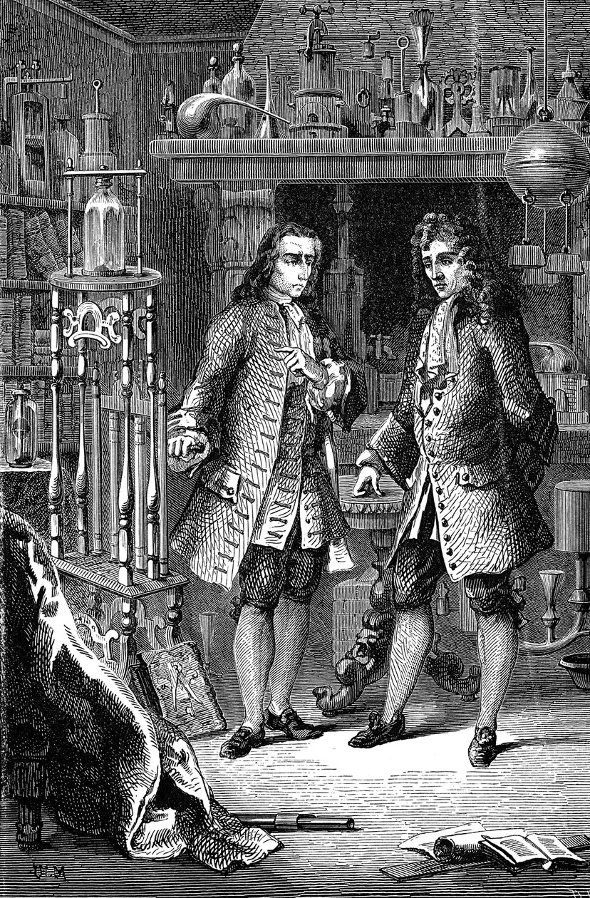 Robert Boyle, anglo-irsk kemiker og fysiker og Denis Papin, fransk fysiker, 1870 af Unbekannt