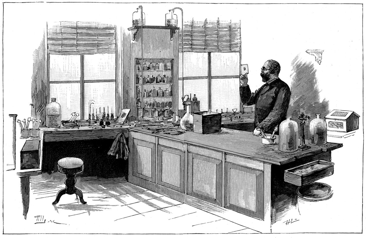 Robert Koch 1843-1910, tysk bakteriolog og læge i sit laboratorium af Unbekannt