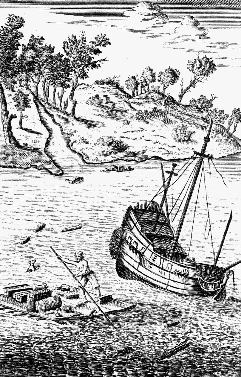 Robinson Crusoe redder sine varer ud af skibets vrag, c1719 af Unbekannt