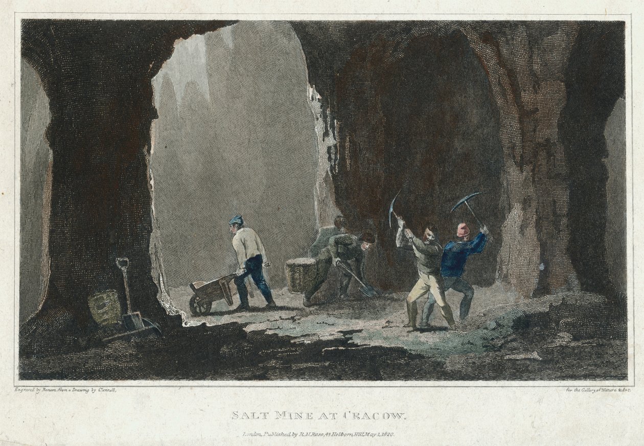 Rock Salt: Minearbejdere på arbejde i saltmine nær Krakow, Polen, c1820 af Unbekannt