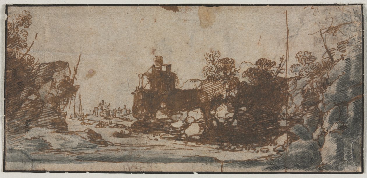 Rocky Inlet med både og bygninger recto, Skitser af slotte på bagsiden, 1600-tallet. af Unbekannt