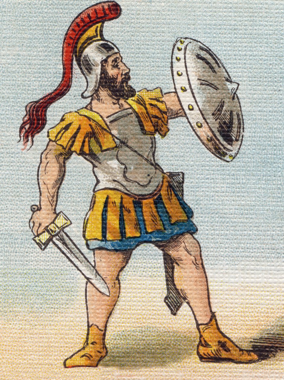 romersk soldat. Indgravering i "Alphabet de ma petite fille". Bernardin-Bechet og Fils, boghandler-forlag, Paris, omkring 1895. Ubrydeligt album på lærred. Bibliotheque des Bebes. 12 sider. Album indeholdende en læsemetode og et illustrativt abecedarium. af Unbekannt