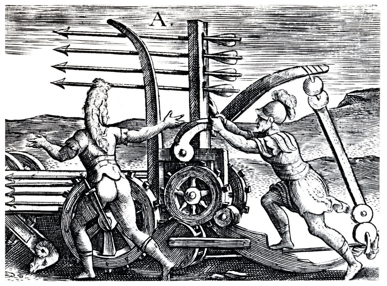 Romerske soldater, der bruger en krigsmotor, der affyrer flere pile, 1605 af Unbekannt