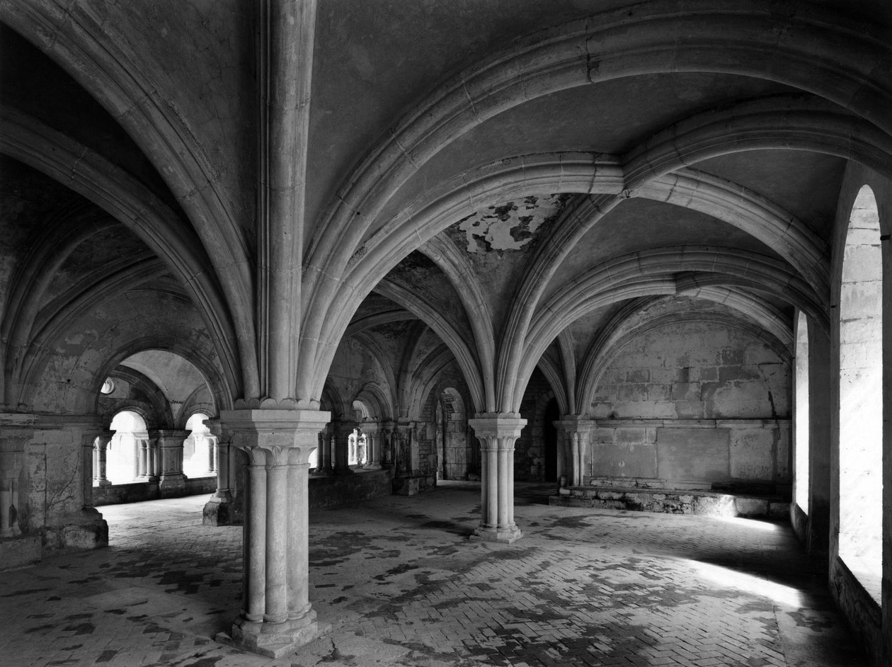 Romansk arkitektur: udsigt over den kapitulære sal i cistercienserklosteret Fontenay grundlagt i 1118 (Cote d