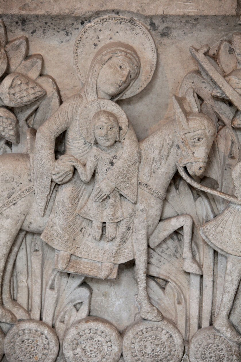 Romansk basrelief fra hovedstaden ved Autun-katedralen, der viser flugten til Egypten, Autun, Frankrig af Unbekannt