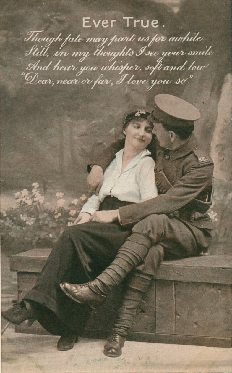 Romantisk postkort med en soldat og hans kæreste, c1914-18 af Unbekannt