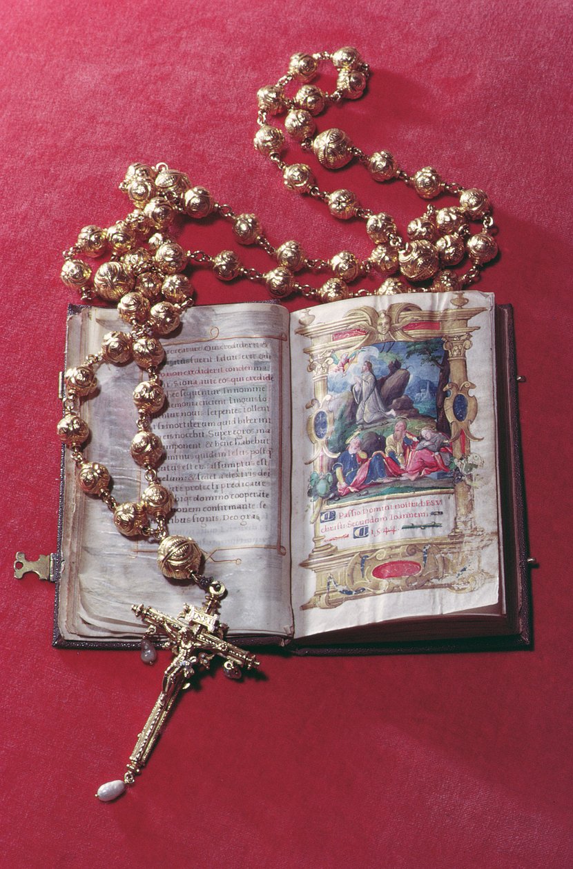 Rosenkrans og bønnebog tilhørende Mary Queen of Scots (blæk på pergament og guld og perle) af Unbekannt