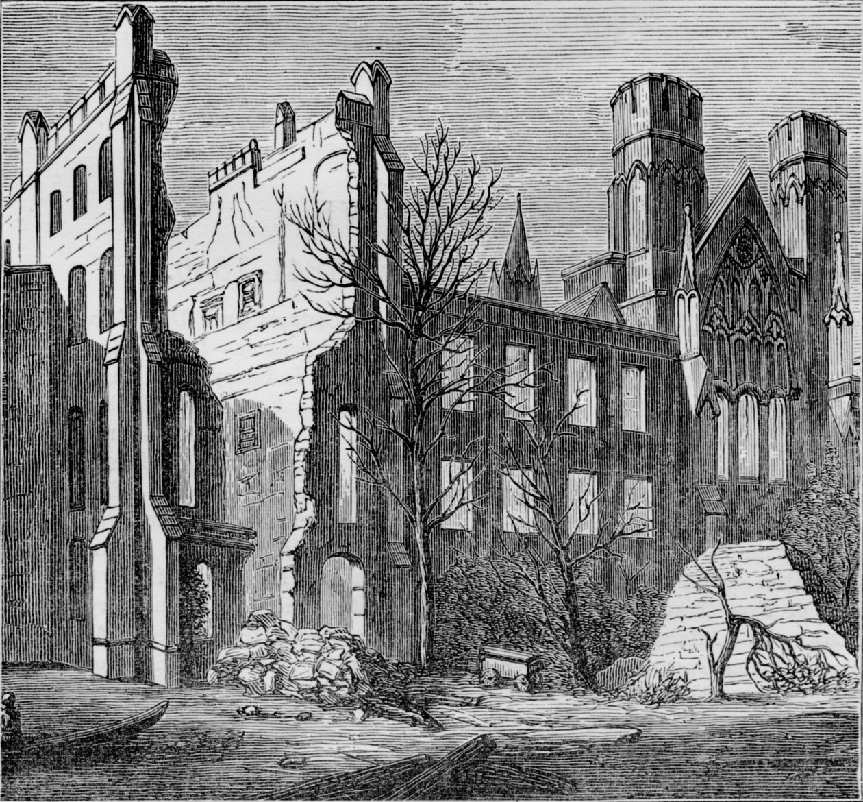 Ruiner af parlamentets huse efter branden i 1834, c1850