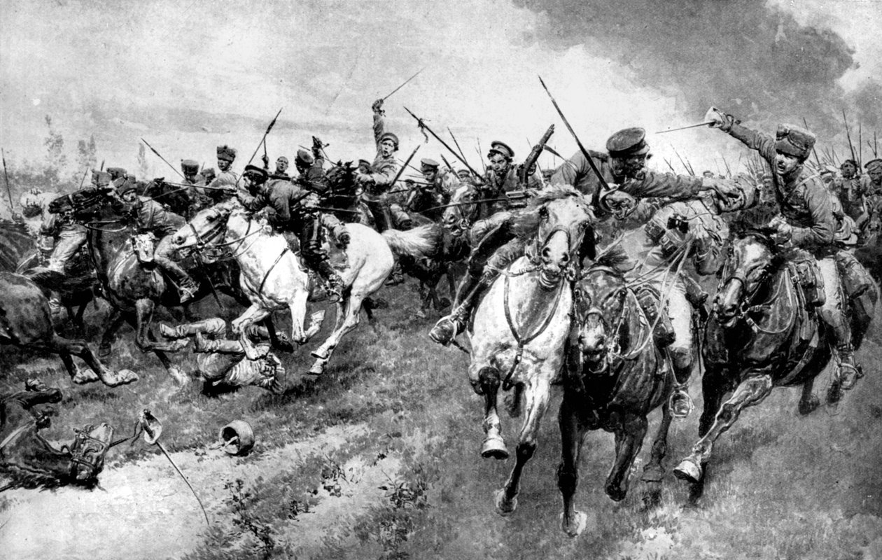 Russiske kosakker angriber den tyske hær, Østpreussen, Første Verdenskrig, 1914 af Unbekannt