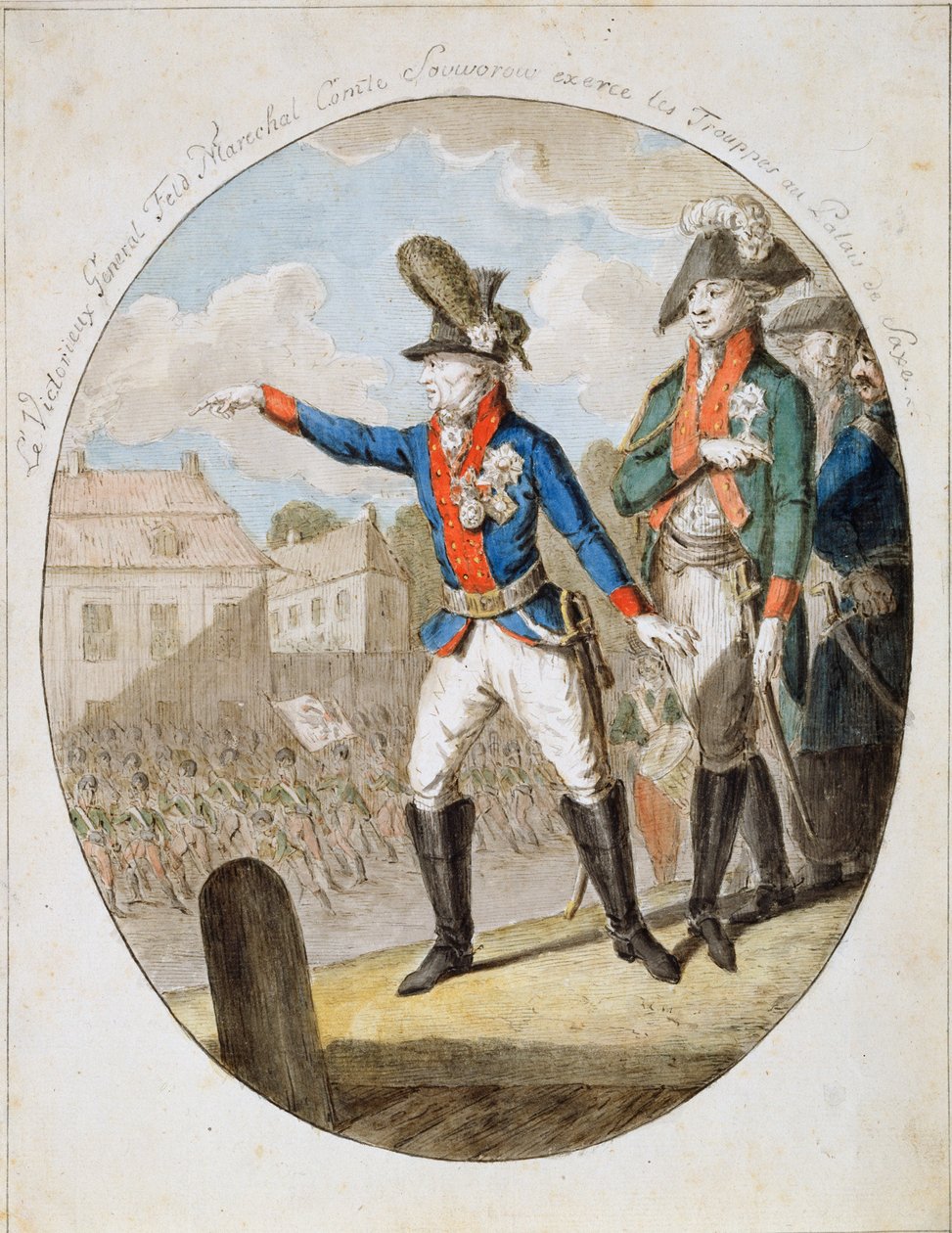 Russisk feltmarskal Alexander Suvorov inspicerer tropper, c1794 af Unbekannt