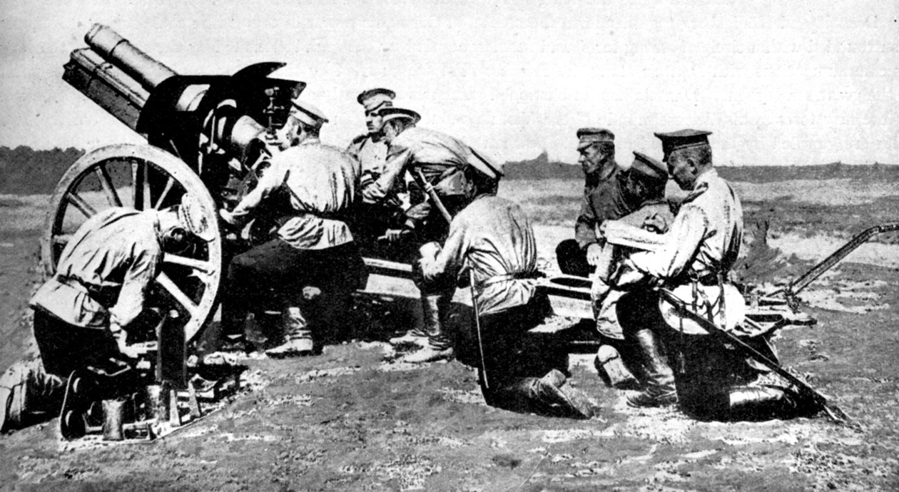 Russisk haubits ved øvelsesild, Første Verdenskrig, 1914 af Unbekannt