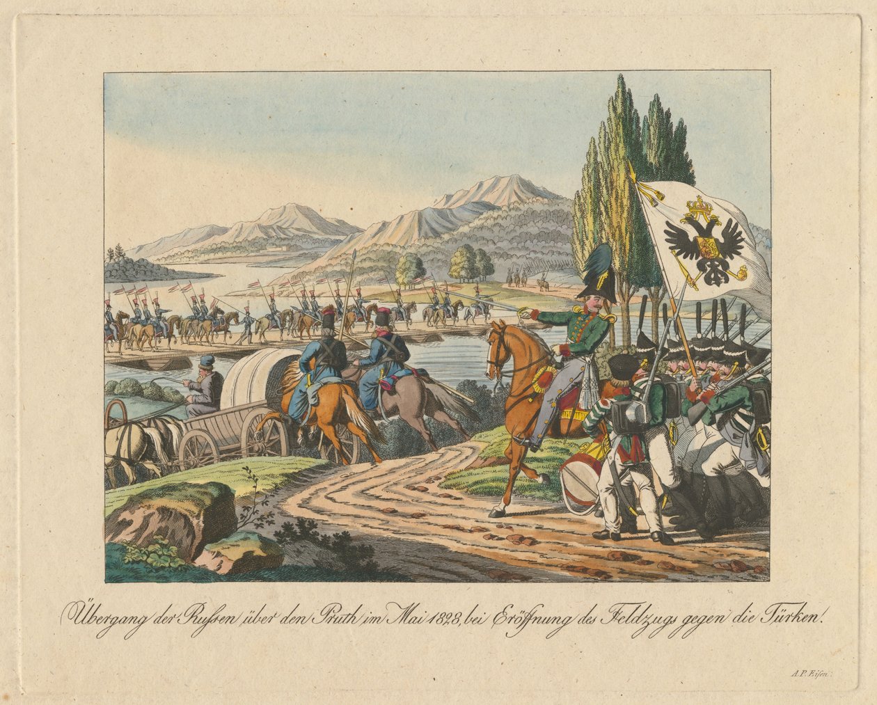 Den russiske hær krydser Pruth-floden ind i Moldavien i maj 1828, 1829 af Unbekannt