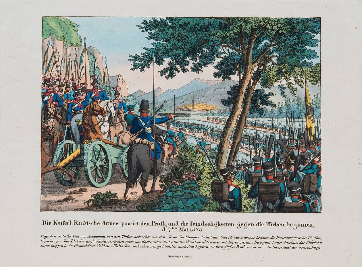 Russisk hær krydser Pruth-floden ind i Moldavien i maj 1828, ca. 1830 af Unbekannt
