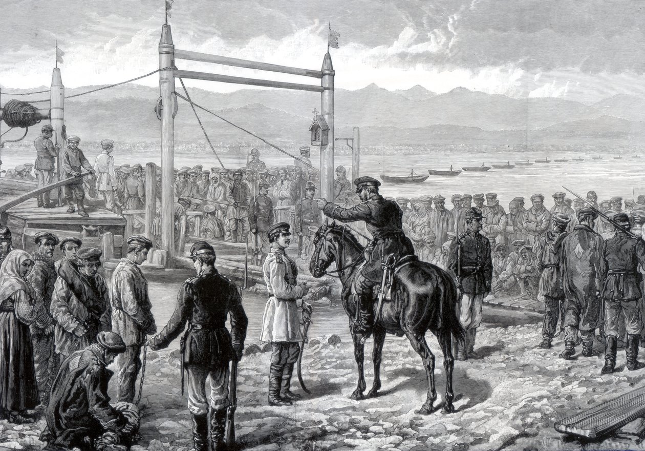 Russiske straffefanger under militær eskorte venter på at blive færget over floden Yenisei, Sibirien, 1882 af Unbekannt