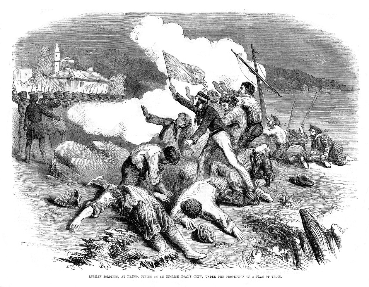 Russiske soldater skyder på en engelsk bådbesætning, under beskyttelse af et våbenhvileflag, 1855 af Unbekannt