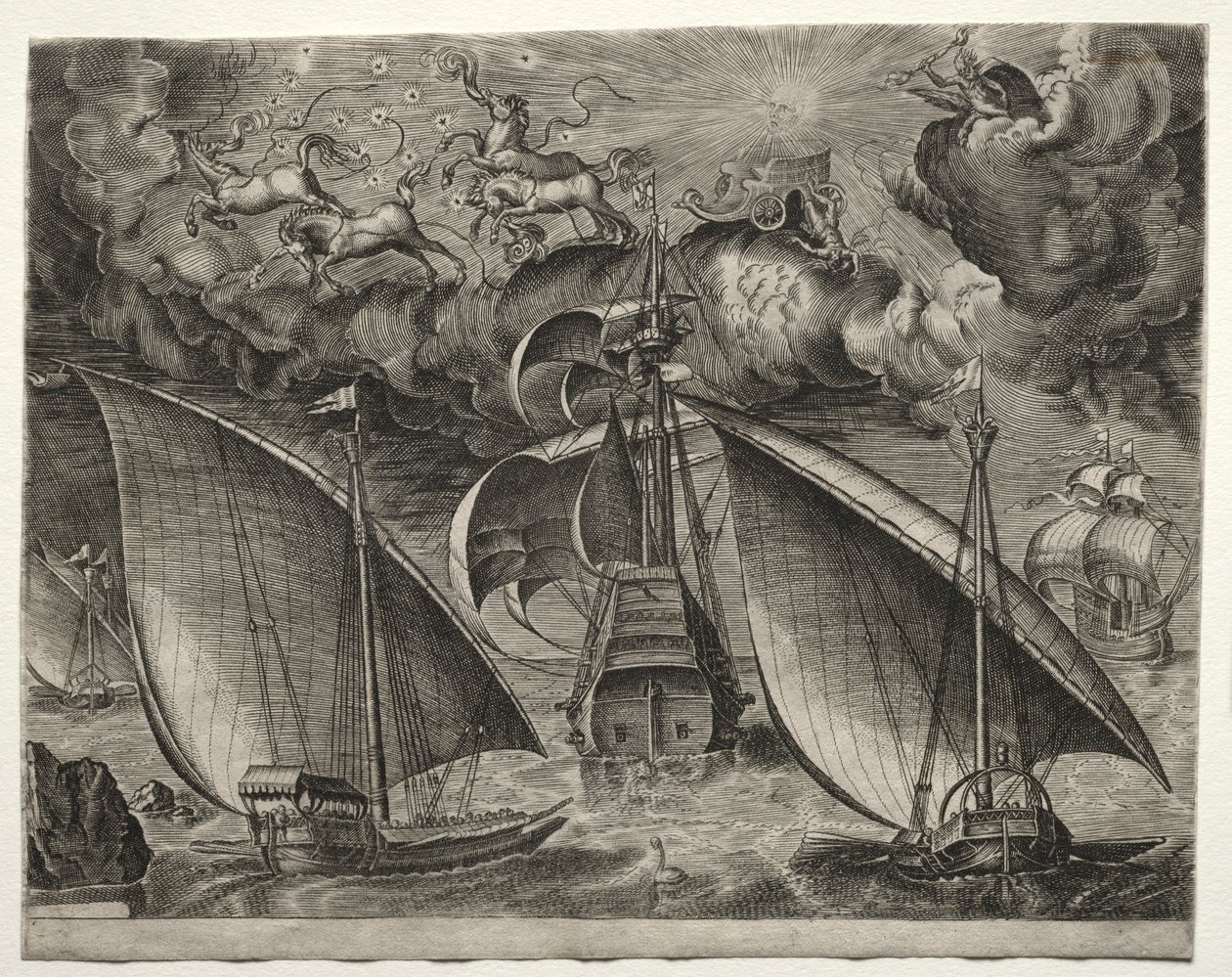 Sejlfartøjer: To Galejer, der sejler bag en bevæbnet tre-mester med Phaeton..., 1561-65. af Unbekannt