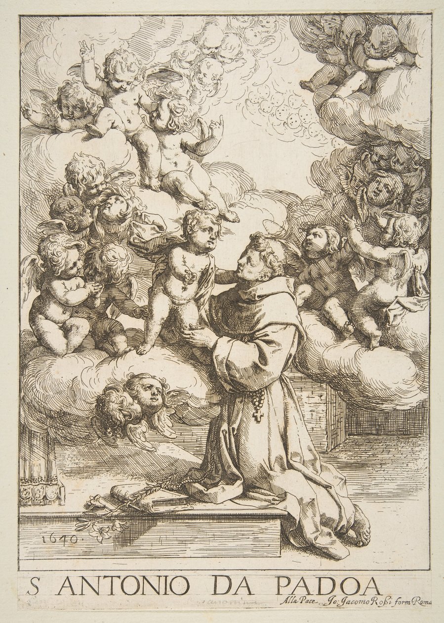 Sankt Antonius af Padua, der tilbeder Kristusbarnet, kopi efter Cantarini, 1640. af Unbekannt