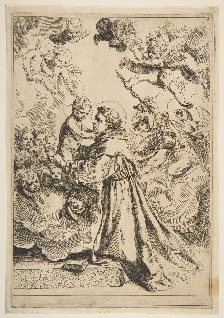 Sankt Antonius af Padua tilbeder Kristusbarnet i herlighed, kopi efter Cantarini, ca. 1640 eller senere. af Unbekannt