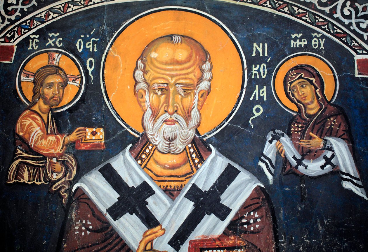 Sankt Nikolaus omgiver Kristus og Maria Byzantinsk freskomaleri fra det 14. århundrede (1332) Nathex, sydvæg Phorbiotissa Jomfrukirke, Asinou Unesco-sted Troodos-regionen, Cypern af Unbekannt
