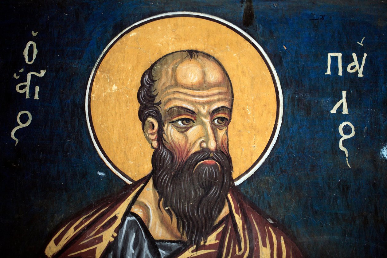 Saint Paul: Byzantinsk fresko fra det 14. århundrede (1332) Nathex, sydvæg Phorbiotissa Jomfrukirke, Asinou Unesco-sted Troodos-regionen, Cypern af Unbekannt