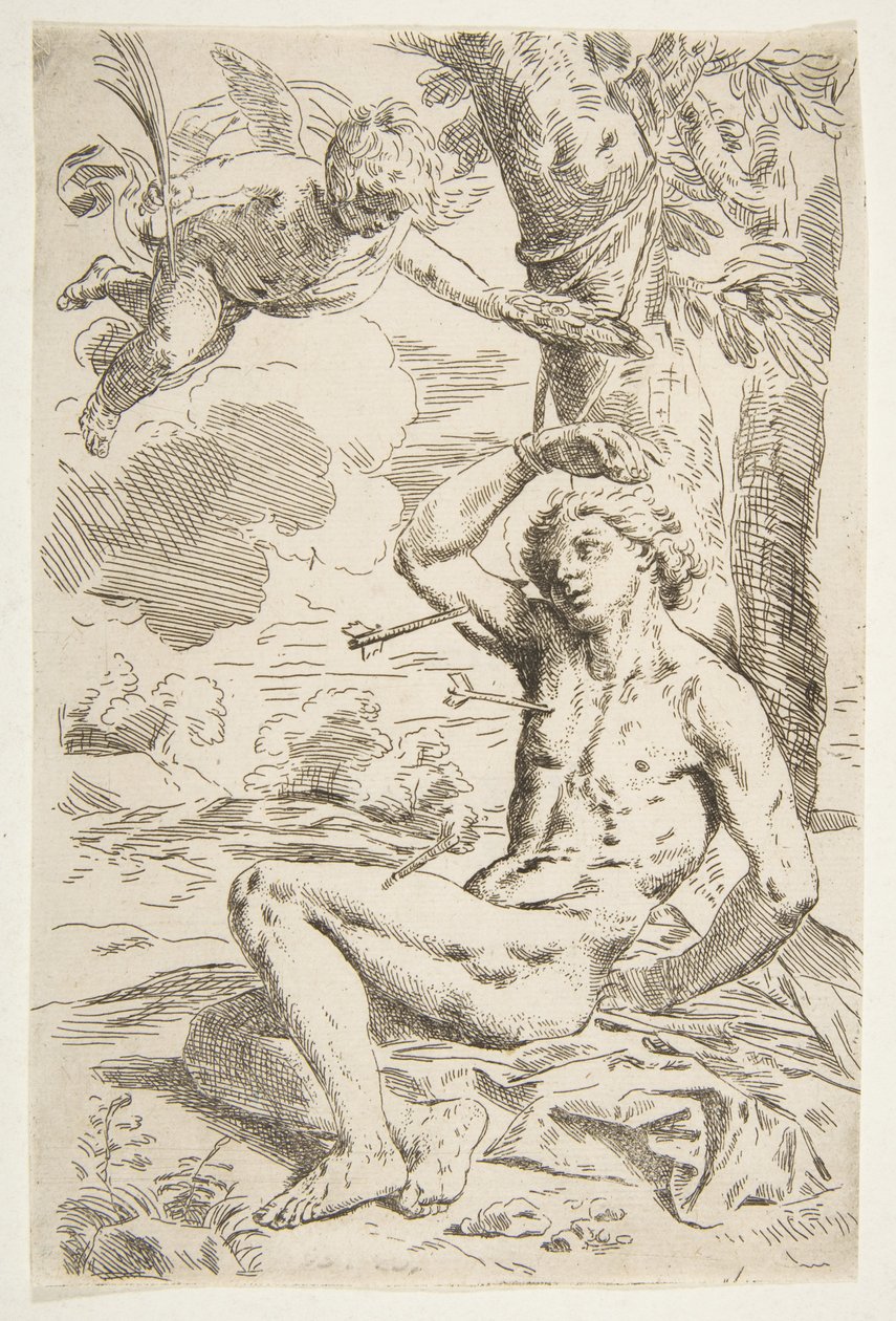 Sankt Sebastian gennemboret med pile og bundet til et træ, kopi efter Cantarini, ca. 1639 eller senere. af Unbekannt