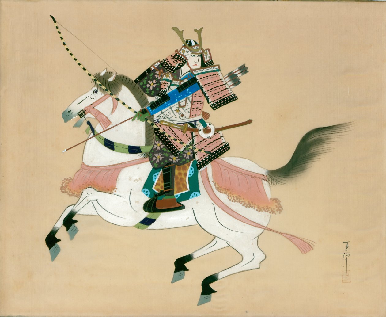 Samurai Warrior rider på en hest. Et japansk maleri på silke, i traditionel japansk stil af Unbekannt