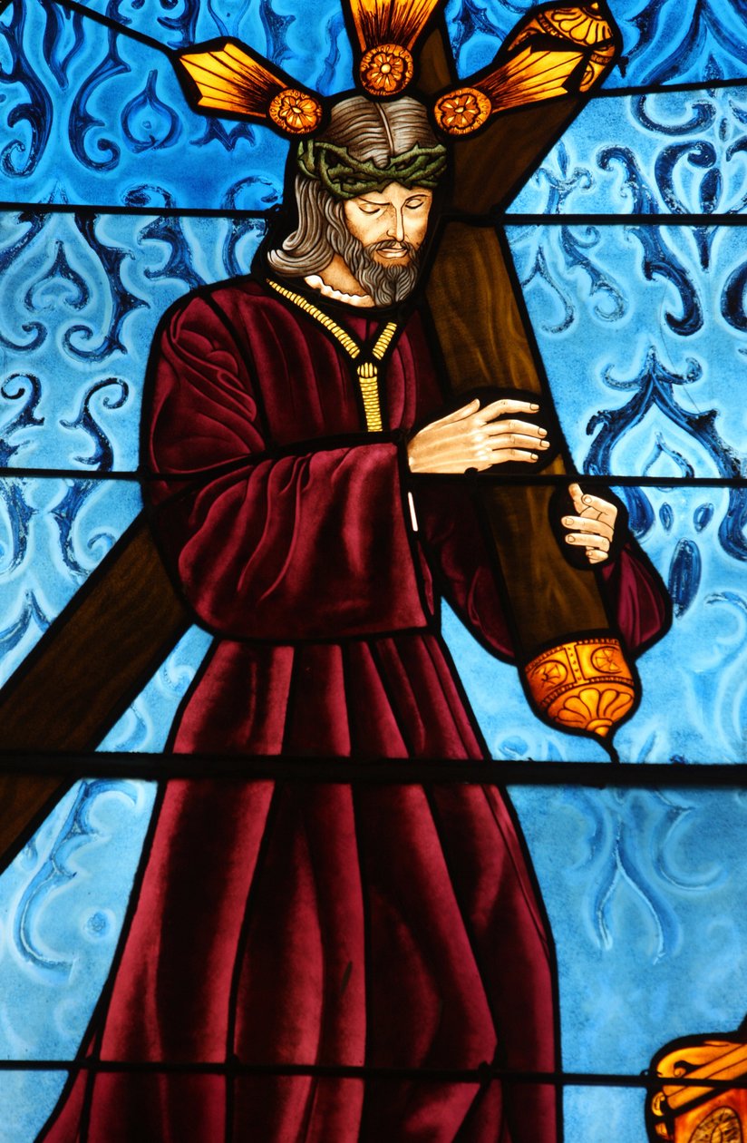 San Jeronimos kirke. Farvet glas. Jesus bærer sit kors Madrid Spanien af Unbekannt