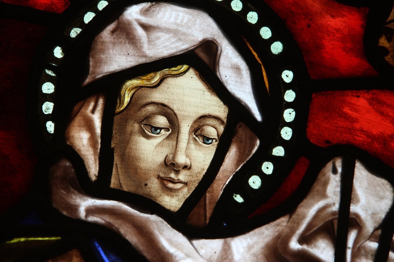 San Jeronimos kirke. Farvet glas. Jomfru Mary Madrid Spanien af Unbekannt