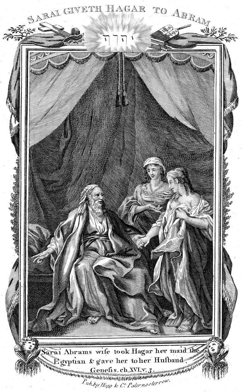 Sarah, Abrahams kone, der er ufrugtbar, tilbyder Hagar sin tjenestepige til sin mand, c1804 af Unbekannt