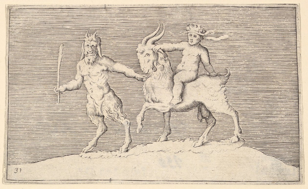 Satyr Leading Goat, som et spædbarn rider på, udgivet ca. 1599-1622. af Unbekannt