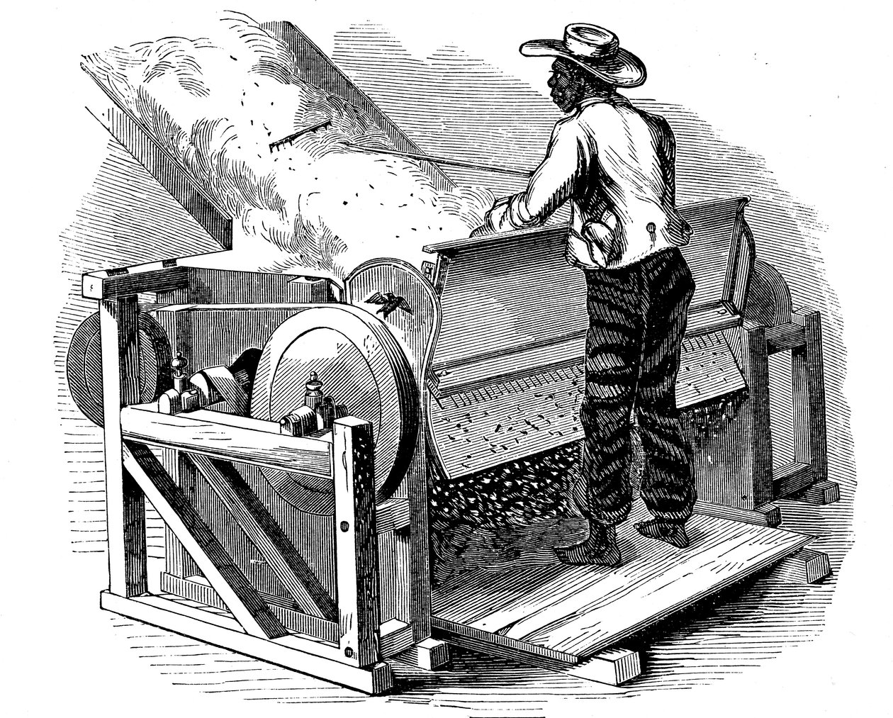 Saw gin til rensning af bomuld, der drives af barfodet sort arbejder, det sydlige USA, 1865 af Unbekannt
