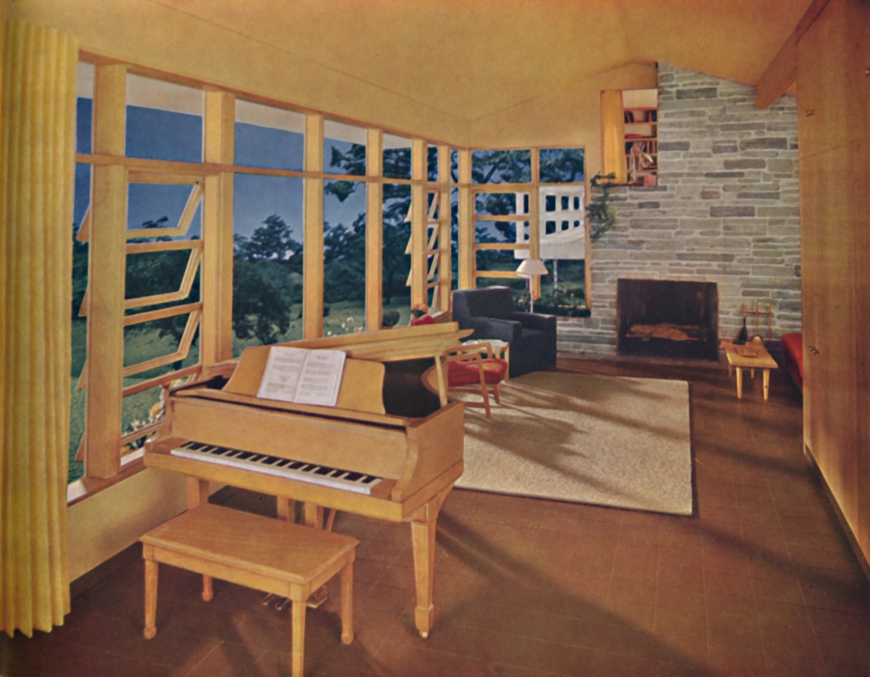 Skalamodel af en stor stue 25 fod lang i et moderne hus, designet af Edward D. Stone, af Unbekannt