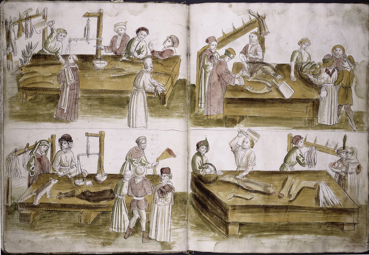 Scene fra markedslivet med slagtere fra: Ulrich Richental Chronicle of the Council of Constance, 1414-1418 af Unbekannt