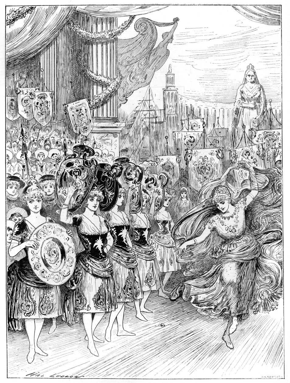 Scene fra pantomimen The Forty Thieves på Dury Lane Theatre, London, 1887 af Unbekannt