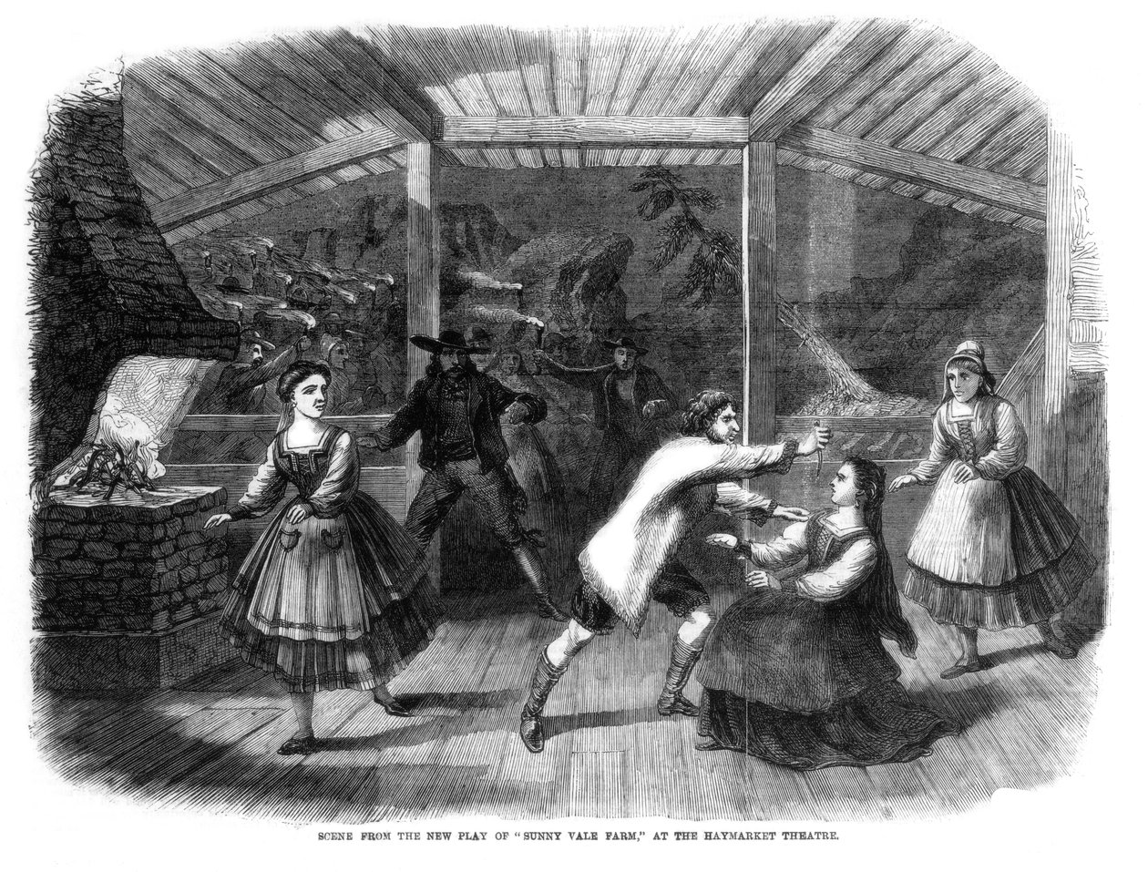 Scene fra skuespillet Sunny Vale Farm, opført på Haymarket Theatre, London, 1864 af Unbekannt