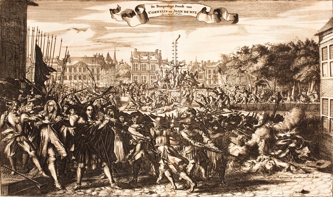 Scene af folkemængden, der myrder Cornelis og Johan de Witt, Haag, 20. august 1672, 1675. af Unbekannt