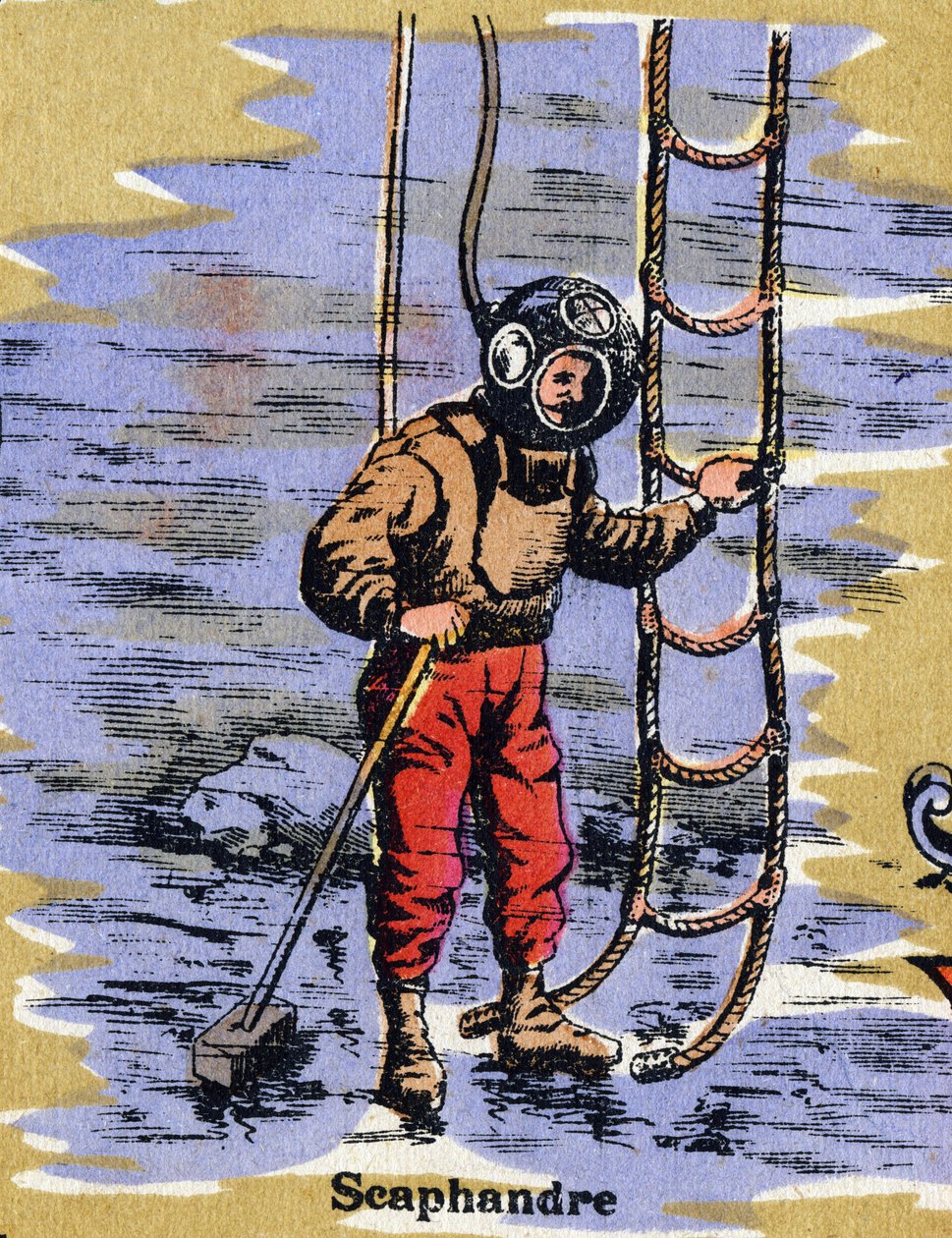 Scuba dragt. Illustreret alfabet. Billeder genforenet i Jarville-Nancy, begyndelsen af det 20. århundrede. Mål: 40 x 29 cm. Litografi på bistre baggrund af Unbekannt