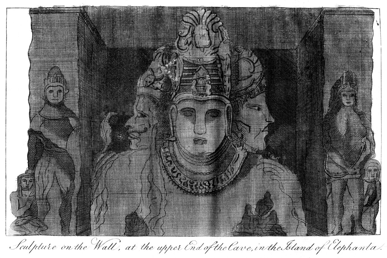 Skulptur på væggen i den øvre ende af hulen, Island of Elephanta, Indien, 1799 af Unbekannt
